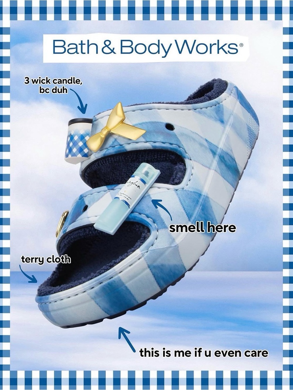 CROCS x Bath & Body Works | Blue Gingham COZZZ Slide Sandals - M7/W9
